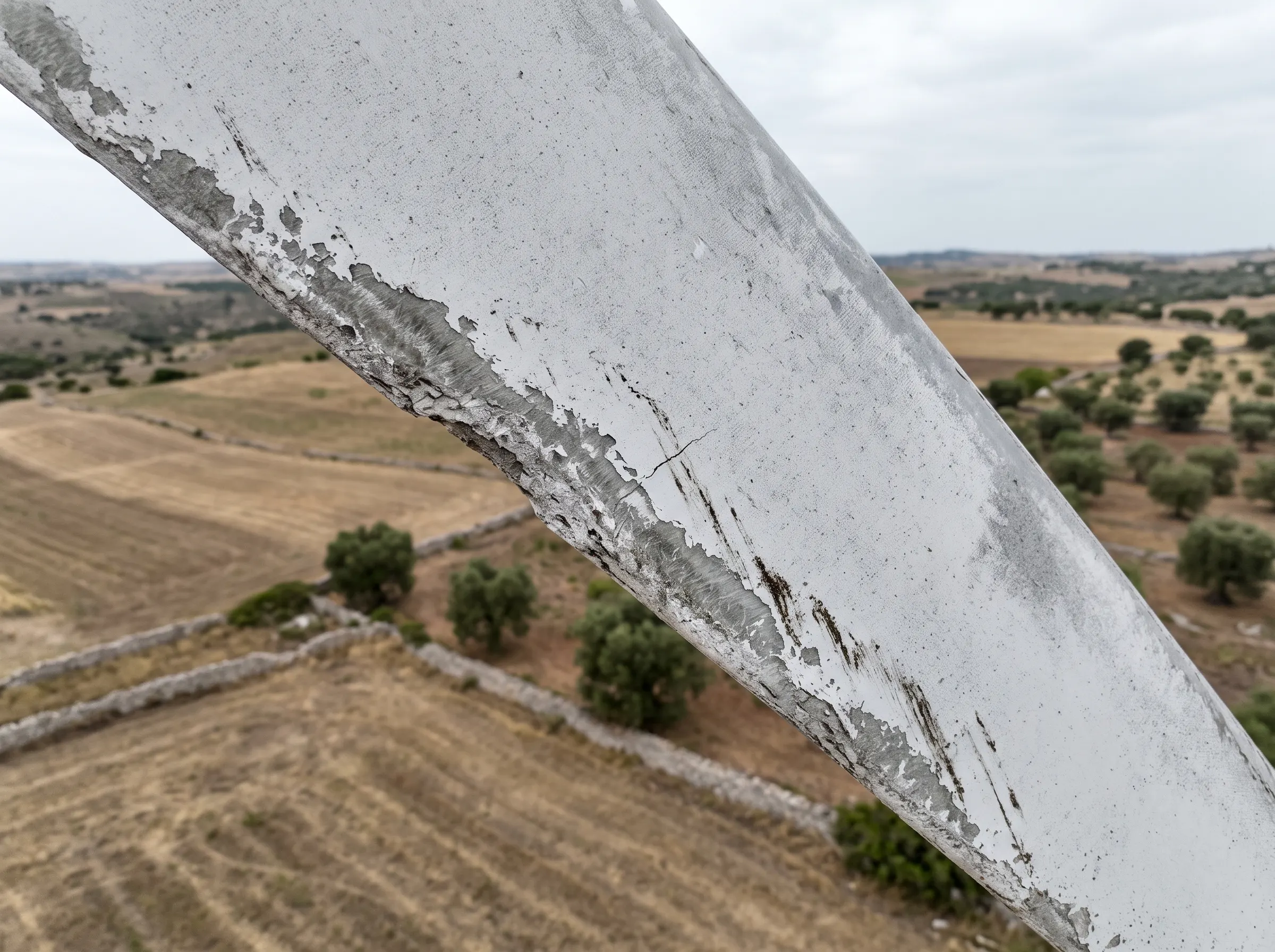 Bordo d’attacco di una pala eolica ripreso da vicino: vernice scrostata, composito grigio esposto, scheggiature, una sottile cricca e striature di sporco; sullo sfondo, sfocati, campi di stoppie, muretti a secco e ulivi della Murgia