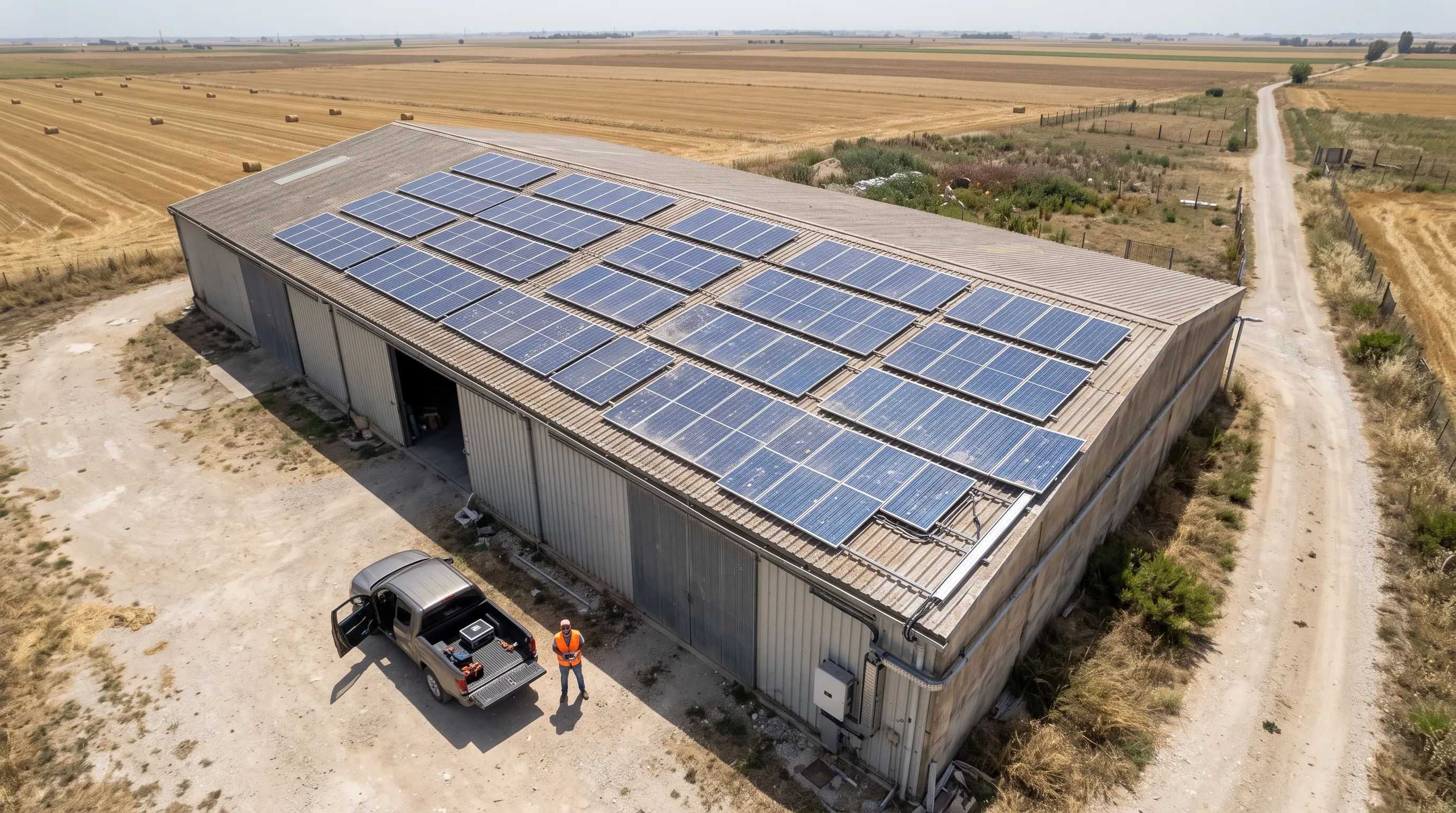 Vista aerea obliqua di un capannone agricolo con impianto fotovoltaico in copertura, moduli impolverati e canaline sul tetto; nel piazzale un pilota con giubbotto ad alta visibilità accanto a un pick-up con la valigia del drone, tra campi di grano mietuto e rotoballe