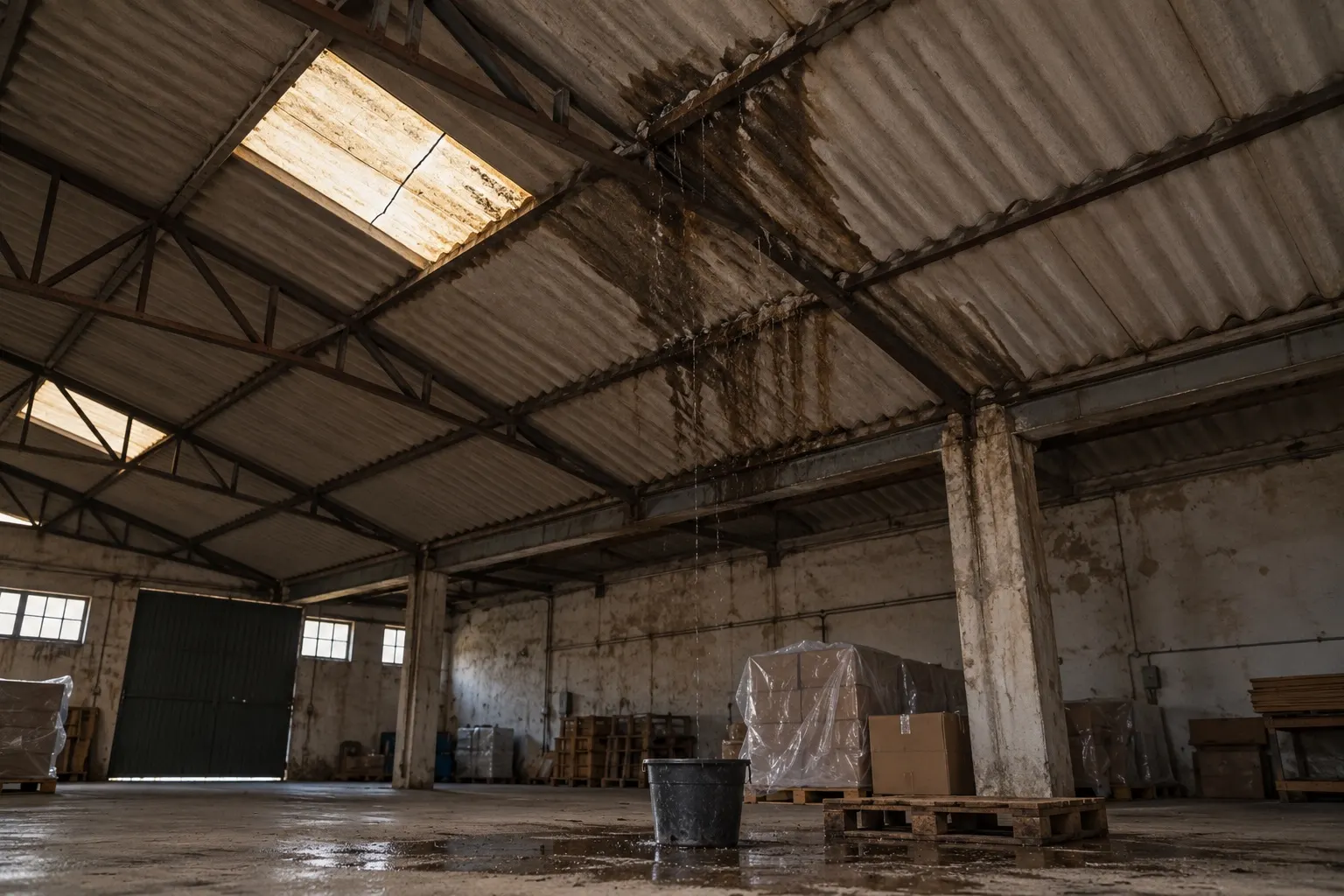 Interno di un vecchio capannone con copertura in lastre ondulate su capriate metalliche: macchie scure di umidità e gocciolamenti in corrispondenza di un giunto, lucernario incrinato, secchio con pozzanghera sul pavimento e merce coperta da teli di plastica