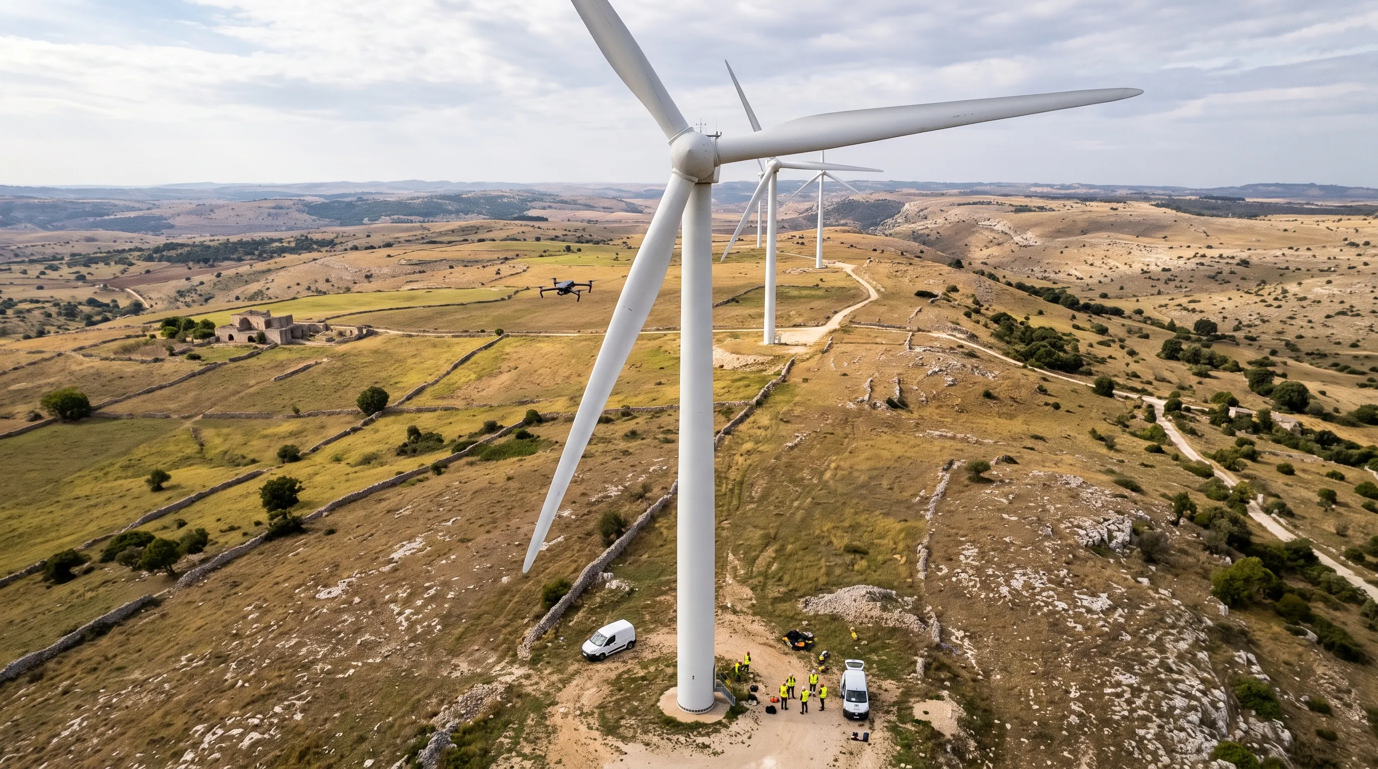 Aerogeneratore su un altopiano con drone in volo vicino alle pale e squadra di tecnici con giubbotti ad alta visibilità accanto a due furgoni alla base della torre