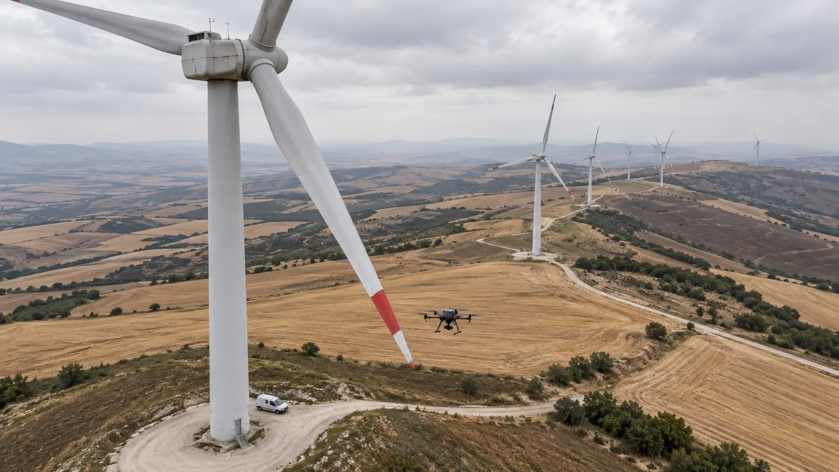 Parco eolico sulle colline del Subappennino dauno: in primo piano un aerogeneratore fermo con una pala rivolta verso il basso e un drone industriale in volo vicino alla punta; altre turbine lungo il crinale, campi di grano e una strada di servizio con un furgone alla base della torre