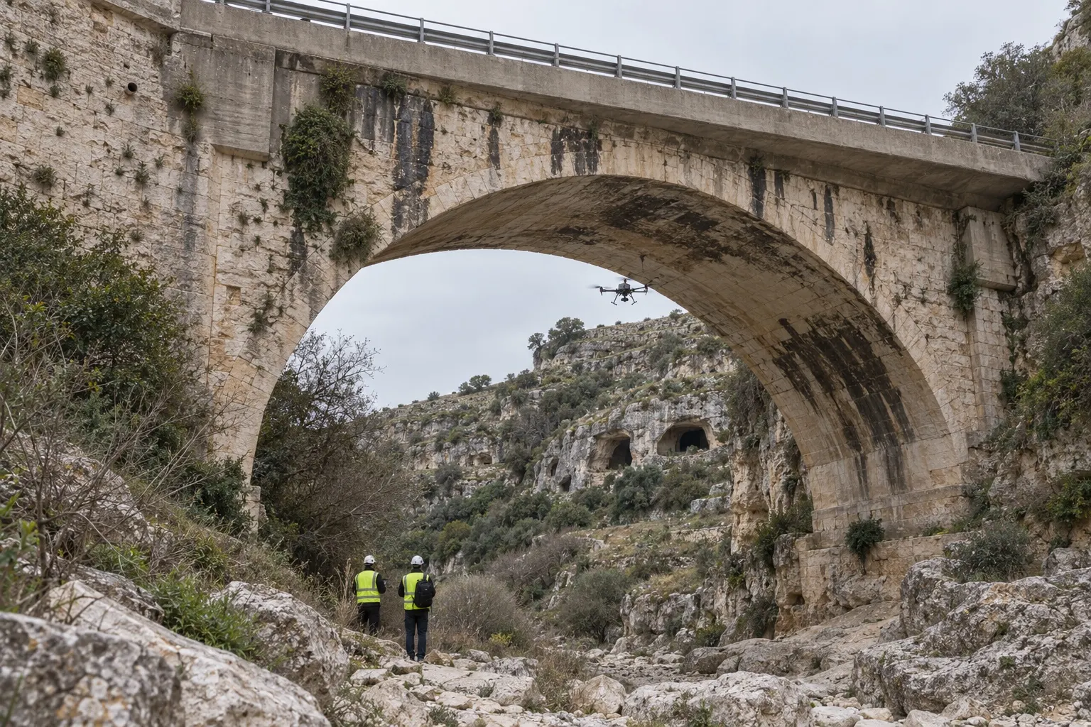 Ponte ad arco in pietra calcarea con allargamento in calcestruzzo e guardrail, che attraversa una gravina con grotte nella roccia; un drone industriale vola sotto l’arco vicino all’intradosso e due tecnici con casco e giubbotto osservano dal letto asciutto del torrente