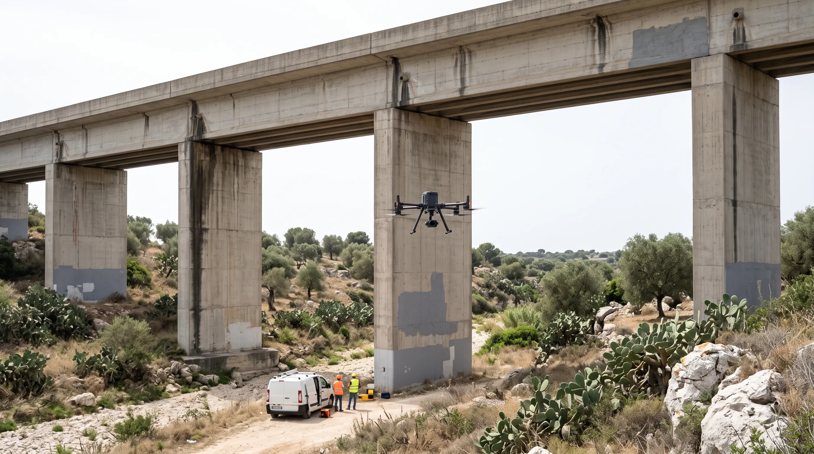 Viadotto in calcestruzzo con pile rettangolari che attraversa una lama asciutta tra ulivi e fichi d’india; un drone industriale in volo accanto a una pila e, sotto, due tecnici con giubbotti ad alta visibilità vicino a un furgone bianco