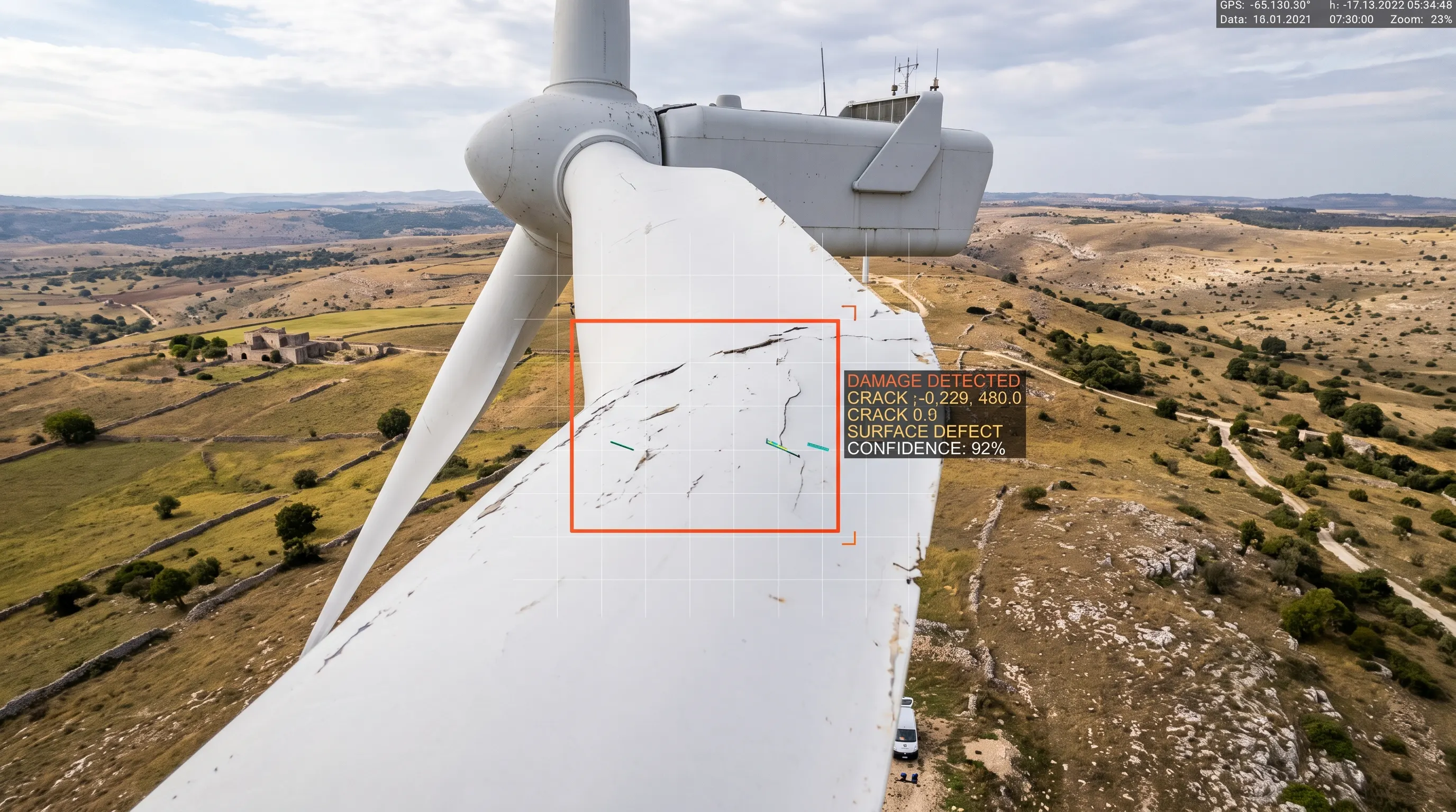 Pala di un aerogeneratore ripresa da vicino, con un riquadro rosso che evidenzia cricche sulla superficie e un’etichetta di rilevamento con livello di confidenza